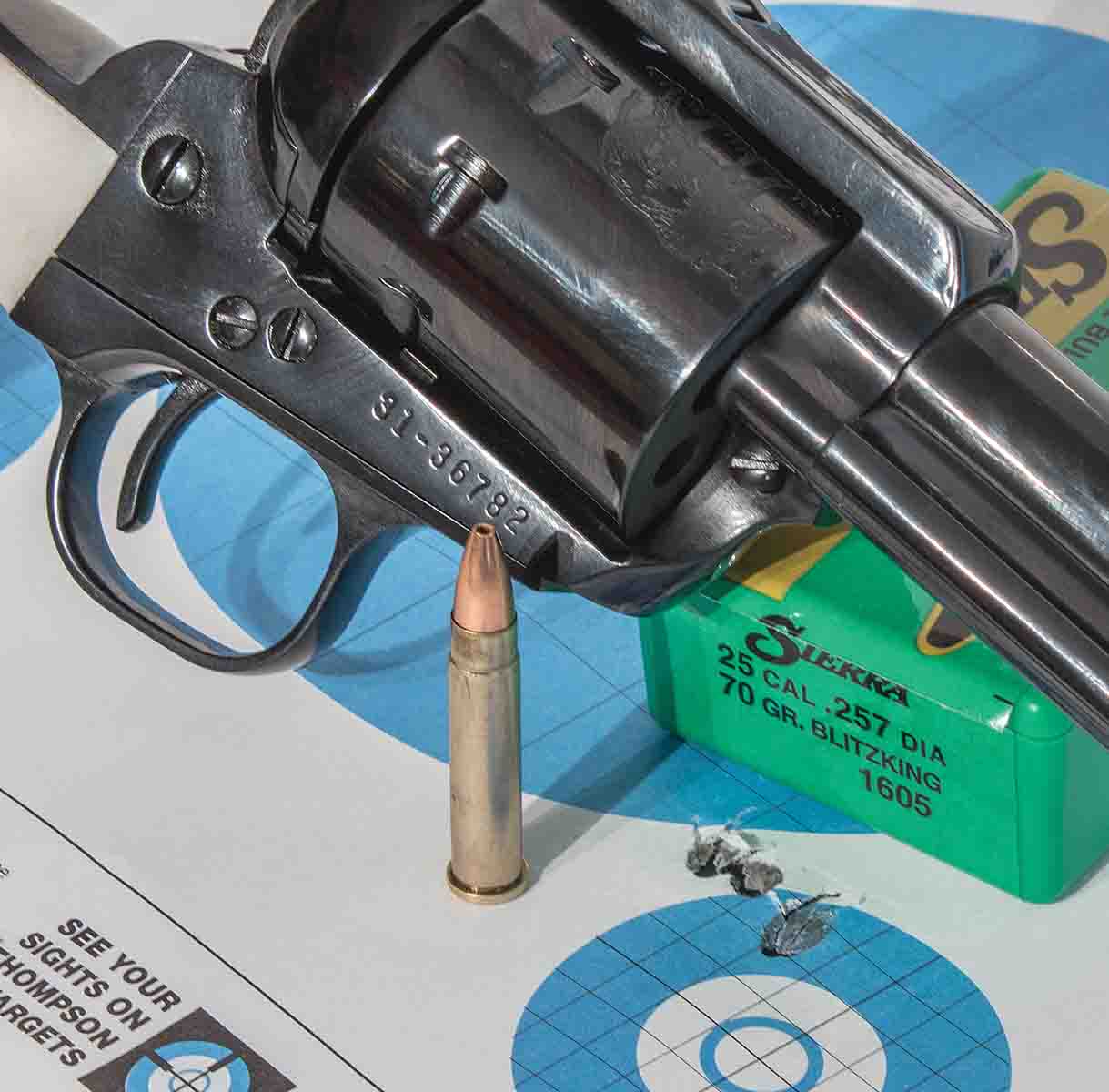 The 75-grain Sierra BlitzKing bullet shot exceptionally well out of the Reeder revolver, even though calculations said it needed a 1:12 twist, and entry holes were minutely oval.